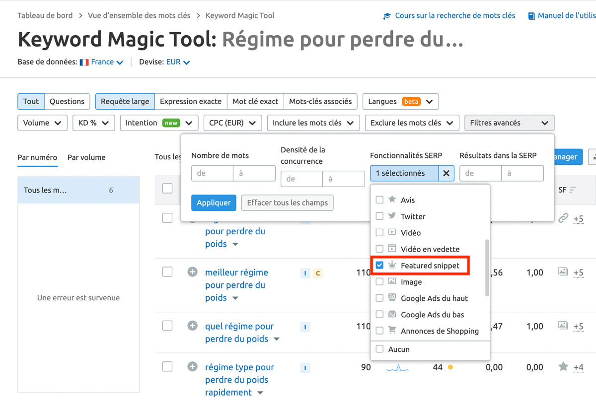 Keyword Magic Tool Featured snippet